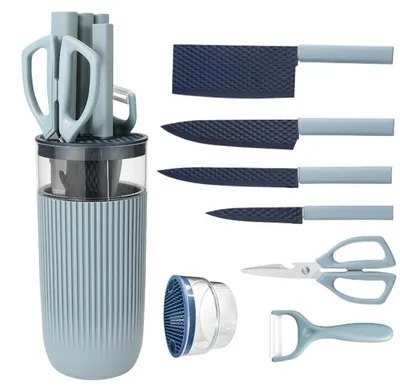 Image de Ensemble de couteaux 7 pièces, bleu, en acier inoxydable, antiadhésif, avec bloc à couteaux