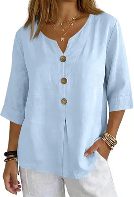 Image de ASKSA - Chemisier en mousseline pour femme, manches 3/4, chemisier d'été oversize, élégant, encolure en V, style chemise hawaïenne, chemisier léger à manches courtes (bleu clair, XXL)