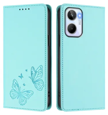 Produktbild von Lederhülle für Realme 10 4G, Schmetterling Prägung Leder Brieftasche Schutzhülle mit Ständer Türkis