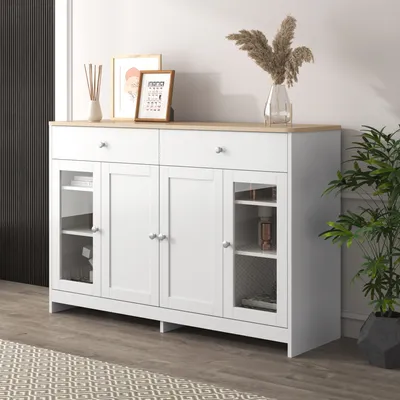 Produktbild von Sweiko Sideboard mit weißer Holzmaserung,vier Türen,mit zwei Schubladen,Tür mit Glas,Holzfarbe und Weiß