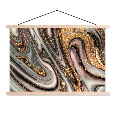 Produktbild von MuchoWow® Textilposter Marmoroptik - Gold - Glitter - Luxus - Marmor - Weiß 120x80 cm mit holzfarbenen Rahmen - Aufhängeset