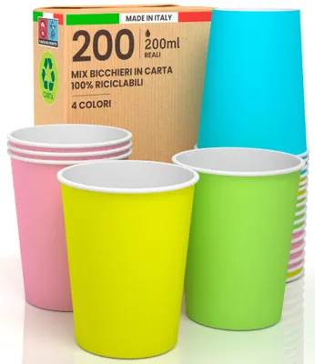 200 Papierbecher 200 ml, Farbmix, Einweg, umweltfreundlich