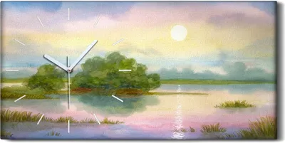 Produktbild von Wanduhr Uhr Wandbild Leinwand 60x30 Aquarell Natur Baum Sonnenuntergang - weiße Hände