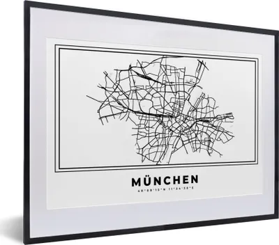 Produktbild von MuchoWow® Gerahmtes Poster Karte - Stadtplan - München - Deutschland - Schwarz-Weiß 40x30 cm - Poster mit Schwarzem Bilderrahmen Wandposter Rahmen Foto Bilder - Bilderrahmen - Poster im Rahmen
