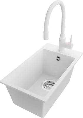Produktbild von PRIMAGRAN Granitspüle Weiß 28x50cm, Spülbecken 1 Becken + Küchenarmatur 38x14cm + Ablauf-Set, Küchenspüle ab 30er Unterschrank - Riga