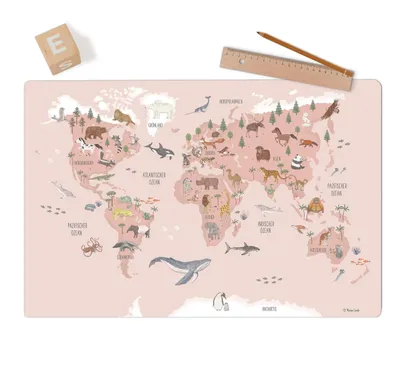 Obrázok produktu pre Stolová podložka svetová mapa 60x40 cm, ružová, do školy