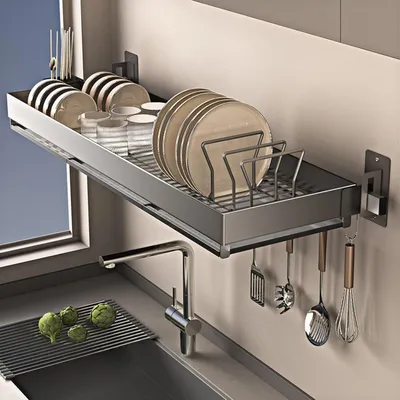 Immagine prodotto di Scolapiatti da cucina - Portaoggetti - Contenitore per la cucina - Acciaio inossidabile - 90 cm - Argento