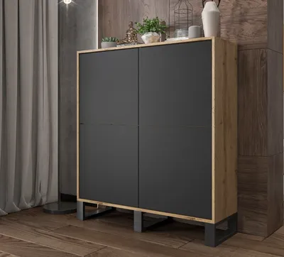 Produktbild von Loft Kommode TV Apollo 4D TV-Sideboard Modern Lindner Möbel Drei Metallfüße 113 cm x 35 cm x 127 cm Farbe: Wotan Eiche matt - Schwarz matt