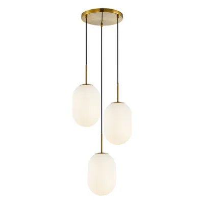 A pendant light fixture with three white, oval-shaped glass shades hanging from a gold-colored circular base.