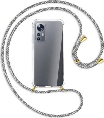 Produktbild von Handykette Backcover-Schutzhülle mit Band (Metall goldfarben) für Xiaomi 12 - weiß/grau kariert