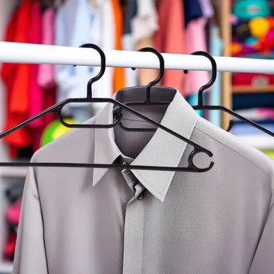 A close-up view of a gray shirt on a black hanger in a closet.