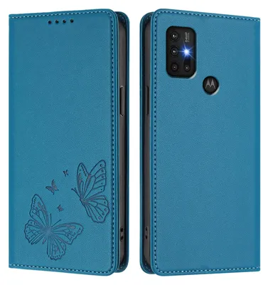 Produktbild von Lederhülle für Motorola Moto G30 / G20 / G10, Schmetterling Prägung Leder Brieftasche Schutzhülle mit Ständer Blau