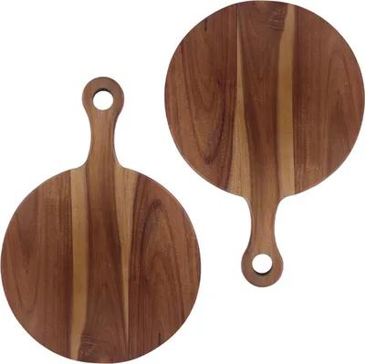 Produktbild von 2er Set Pizzateller & Pizzabrett, rundes Holzbrett 30 cm mit Griff, 30×41 cm, ideal zum Servieren und Schneiden von Pizza