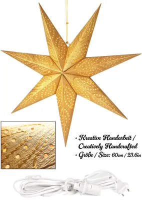 A golden paper star lantern is shown hanging against a white background, with a close-up inset of the lantern's texture and a separate image of its power cord and plug.