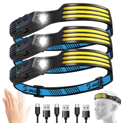 Image de Lampe frontale LED - Lot de 3 avec 3 LED COB - Détecteur de mouvement - Rechargeable par USB - 1000 mAh - 10 W - Batterie intégrée