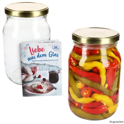 Produktbild von 2er Set Einmachglas 1,7L Vorratsglas TO 100 Deckel gold Rezeptheft