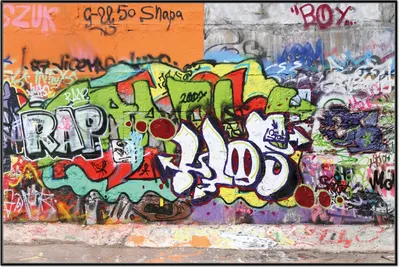 Produktbild von Wallario Wandbild RAP-Graffiti- Wand mit verschiedenen Tags, Größe: 61 x 91,50 cm, Poster mit schwarzem Aluminiumrahmen