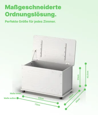 Produktbild von KMH Spielzeugkiste Holz Weiß 4 Doppelrollen Deckel 70L Spielzeugtruhe Pinienholz Holztruhe Aufbewahrungsbox Kinderzimmer Stangenscharnier 73x40x43,5cm