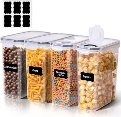 Produktbild von ComSaf Vorratsdosen mit Deckel Luftdicht 4L, 4er Müsli Aufbewahrung, Aufbewahrungsbox mit Deckel Groß, Vorratsbehälter mit Etiketten, Küchen Organizer für Müsli, Cornflakes, Spaghetti, Reis Behälter