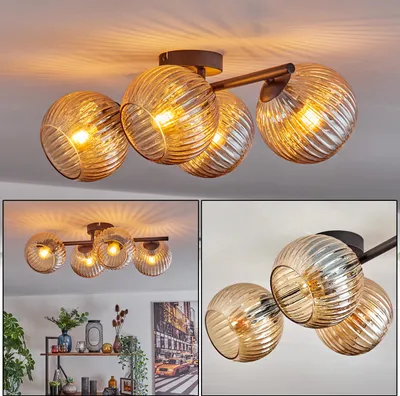 Produktbild von Fossobiubo Deckenlampe aus Metall/Riffelglas in Schwarz/Bernsteinfarben