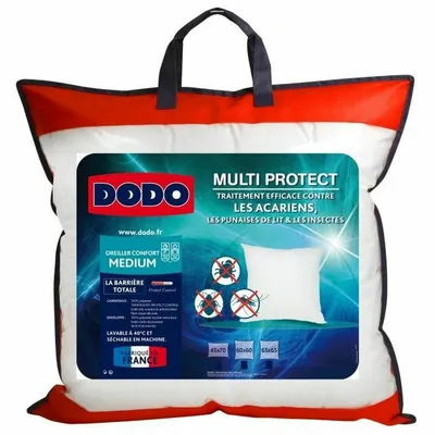 A pillow in its packaging, with product information and branding.