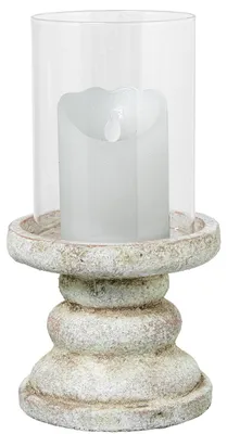 Produktbild von Kerzenhalter aus Keramik mit Glaszylinder in rustikalem Weiß, 14 x 14 x 26 cm