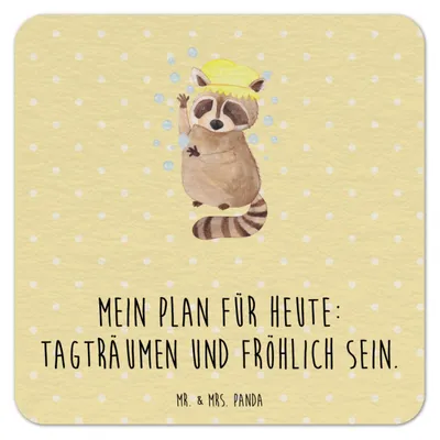 Produktbild von Mr. & Mrs. Panda Tischuntersetzer Waschbär 50er Set - Gelb Pastell - Geschenk, bieruntersetzer, Tagträumen, Seifenblasen, Plan, Waschen, gläseruntersetzer, Bierdeckel