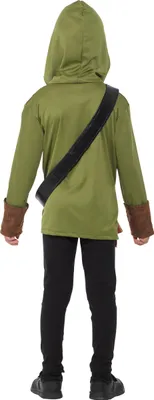 A child wearing a green hooded tunic and black pants, seen from the back.