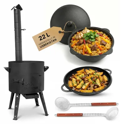 Produktbild von Utschak Ø49cm 2mm Stahl Feuerofen mit Abzugsrohr Aschekasten Gusseisen Kazan 22L Set Outdoor Küche Campingofenl Abzugsrohr 22L Kazan WOK Kasan Utschak Feuerstelle Utschag Campingofen Feldküche Außenküche Eintopfofen mit Schaumkelle Suppenkelle Grillfächer