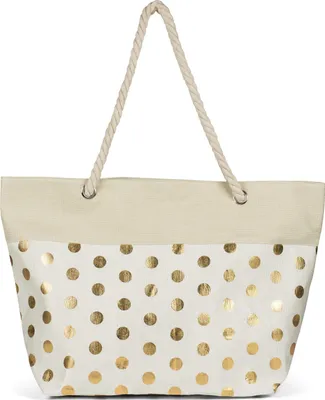 Produktbild von styleBREAKER Große Strandtasche mit Metallic Punkte Print | Damen Shopper mit Kordelhenkel und Reißverschluss | Badetasche im Boho Look | 56 x 38 x 17 cm