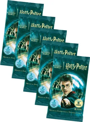 A collection of Harry Potter trading card booster packs.