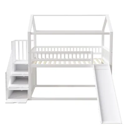 Produktbild von Flieks Etagenbett 90x200cm mit Rutsche, Kinderbett mit Schubladen, Hochbett mit Rausfallschutz und Lattenrost, Hausbett Holzbett Stockbett, Weiß