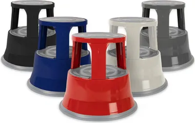A group of rolling step stools in various colors.