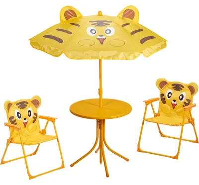 Produktbild von Gartenmöbel Kindertisch, 2 Stühle + Sonnenschirm Tigermotiv