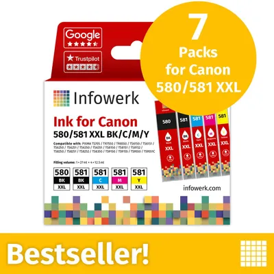 Productafbeelding van NIEUW: Infowerk Inktcartridges voor Canon 580/581 XXL, multipack (BK/BK/C/M/Y), 7 stuks