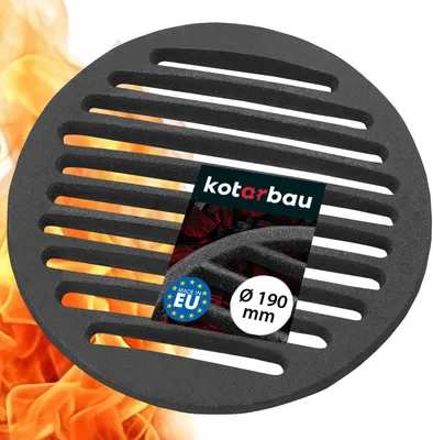 A round, black metal grill grate is shown in front of a fiery background. There are labels on the grate indicating brand, size, and origin.