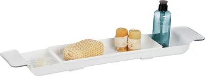 Image de Tablette de baignoire Relaxdays, extensible de 55,5 à 78 cm, en plastique, avec trous d'évacuation, antidérapante, blanche