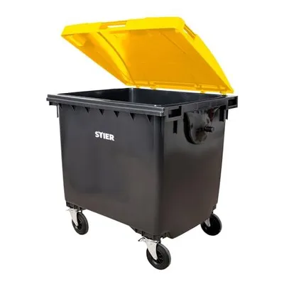 Produktbild von STIER 4-Rad-Müllgroßbehälter, 1100 l, grau/gelb, Flachdeckel, BxTxH 137x107x132cm, 360° Schwenkrollen, DIN EN 840-1
