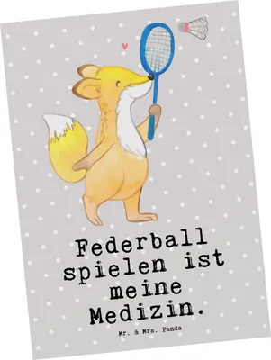 Produktbild von Mr. & Mrs. Panda Postkarte Fuchs Federball spielen - Grau Pastell - Geschenk, Ansichtskarte, Ansichtskarten, Postkarten, Fotokarte, Grußkarte, Badminton
