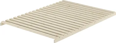 A wooden slatted bed base shown from a diagonal angle against a white background.