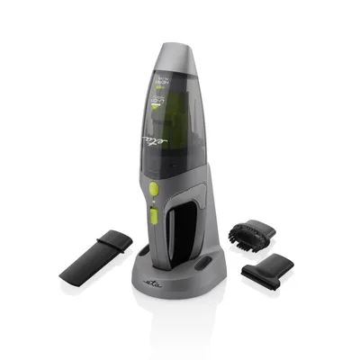 A handheld vacuum cleaner with its charging base and accessories, presented against a white background.