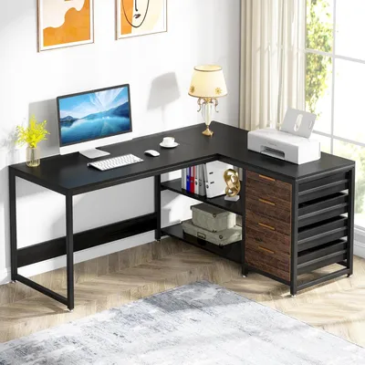 Immagine prodotto di Scrivania ad angolo a forma di L con cassetto portaoggetti, 150 cm, postazione di lavoro reversibile per ufficio