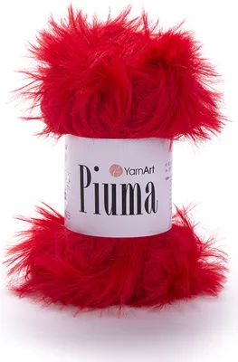 A ball of red fluffy yarn on a white background.