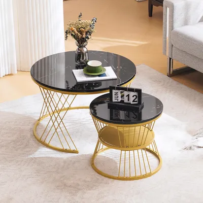 Immagine prodotto di Tavolino da caffè componibile, finitura lucida, impiallacciatura in marmo, set da 2, tavolini laterali rotondi, cornice dorata