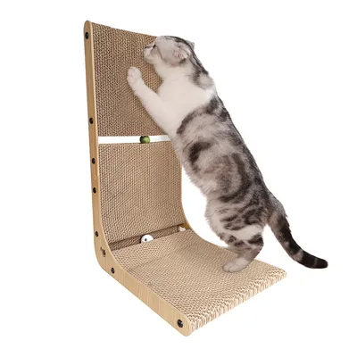 Produktbild von Heikoeco® L-förmige Kratzbretter Katze mit Ballspielzeug (Holz mit Katzenminzball, 40 cm Breit)