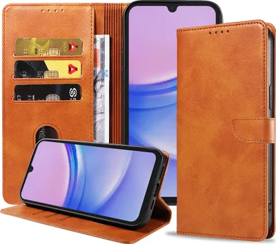 Obrázok produktu pre Vhodné pre telefón Samsung Galaxy A15 Puzdro z umelej kože s magnetickým perom a držiakom kariet Puzdro typu kniha s chlopňou - hnedé - Smartphonics