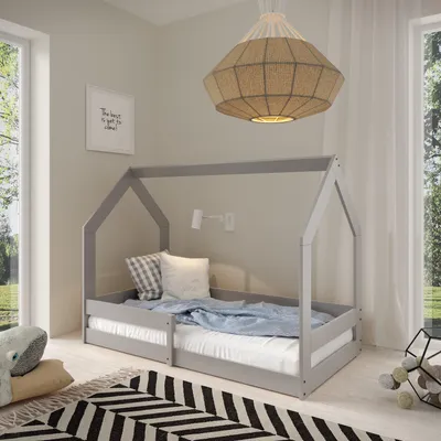 Produktbild von Masseno Kinderbett FLORA 80x160 cm mit Rausfallschutz, Einzelbett für Mädchen und Jungs, Hausbett für Kinder, Holz, Hellgrau