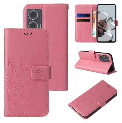 Produktbild von Handyhülle für Motorola Moto G35 5G Floral Blumen Schmetterling Flip Cover Hülle Case Klapphülle Handytasche Farbe: Rosegold