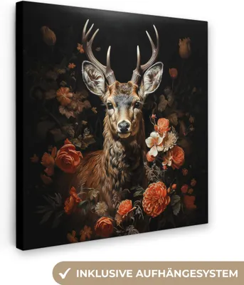 Produktbild von MuchoWow® - Leinwandbilder - Hirsch - Tier - Blumen - Natur - Botanisch, Wandbild, Wanddeko Bilder Wohnzimmer, 50x50cm