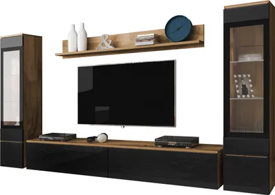 Produktbild von MIRJAN24 Wohnwand Vera II, Stilvoll Wohnzimmer-Set, TV-Schrank, Modern Mediawand (Wotan / Schwarz Hochglanz, ohne Beleuchtung)